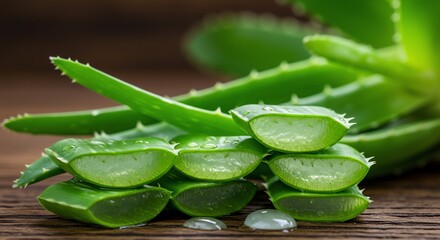 Fototapeta premium Fresh Aloe Vera: Sliced Leaves, Dewy Green, Natural Beauty