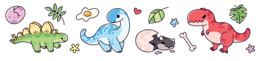 Cute dinosaur characters set - adorable baby dino cartoons. Funny brontosaurus, tyrannosaurus rex, triceratops and stegosaurus. Kawaii jurassic animal, childish prehistoric mascot, kids design element