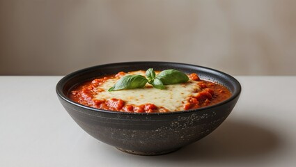 Delicious tomato sauce with melted cheese garnished with fresh basil served in rustic black bowl