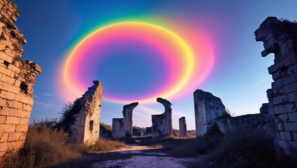 Fototapeta premium a whirling scene under a rainbow, where shadows stretch across ancient ruins