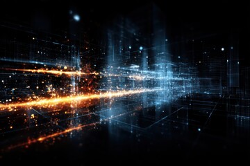 Technology visualization with bright light pulses and dynamic data grids showcasing innovation.