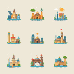 Fototapeta premium Architectural landmarks cartoon buildings icons