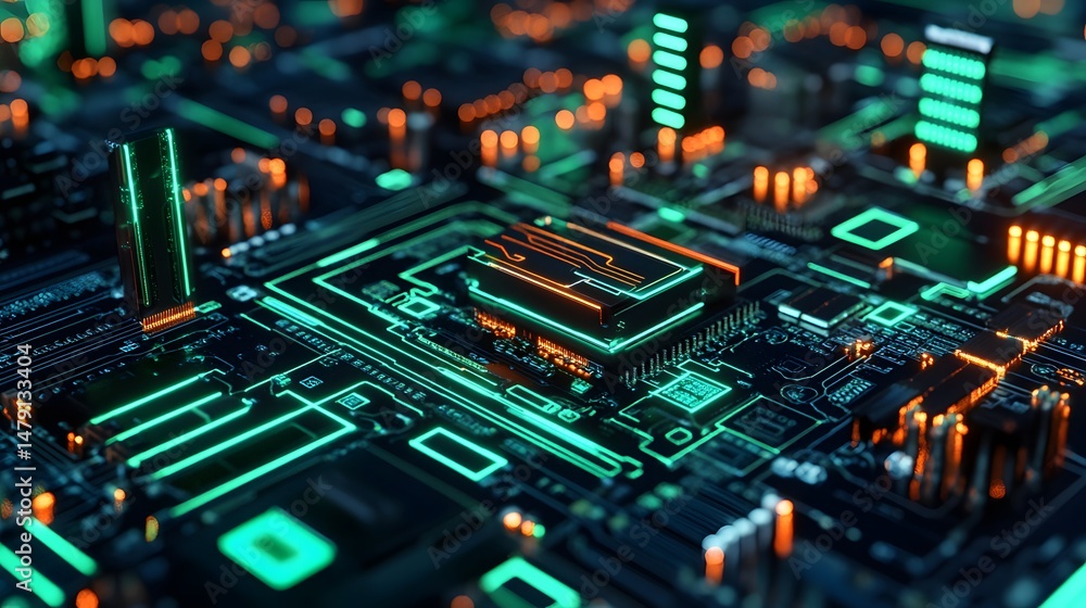 Poster abstract digital circuit board design with glowing lines.