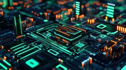 Obraz premium Abstract digital circuit board design with glowing lines.