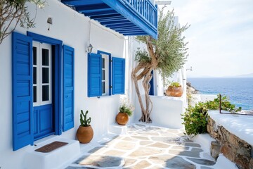 Cozy seaside architecture of Mykonos featuring traditional white buildings and blue shutters by the coast, Cozy sea side of Mykonos island Architecture of traditional greek houses