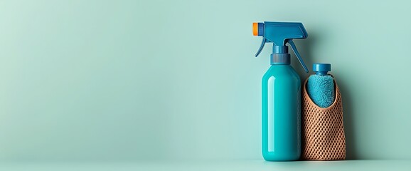 Spray bottle and cleaning towel. Teal cleaning product and a beige cloth towel