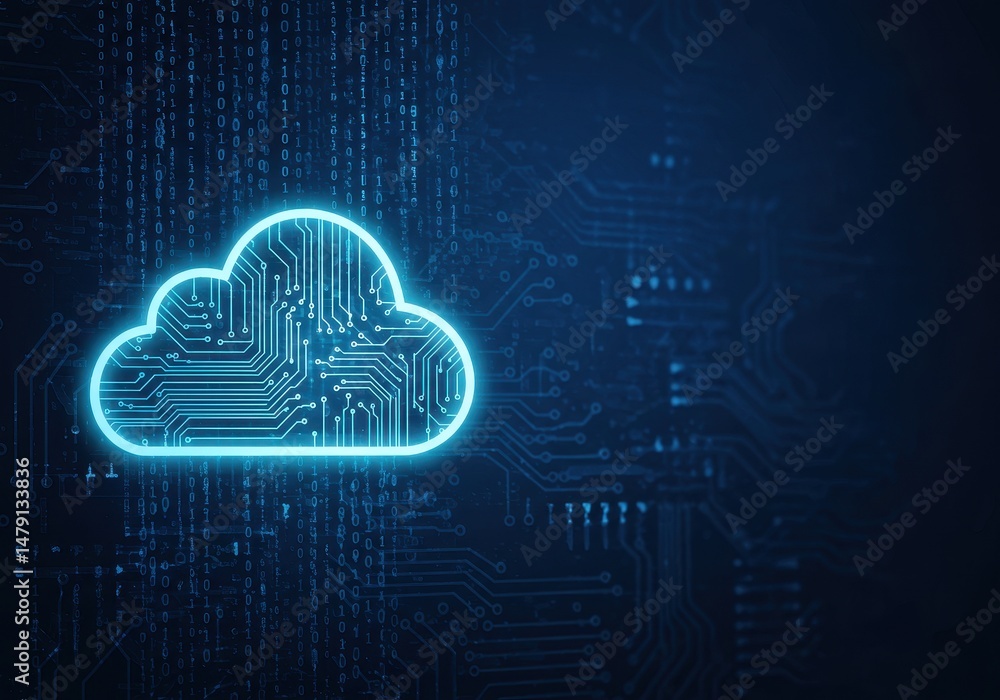 Poster a glowing cloud shape filled with circuits represents cloud computing technology