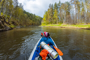 An adventurous individual is kayaking enthusiastically on a peaceful river, surrounded by a vibrant...