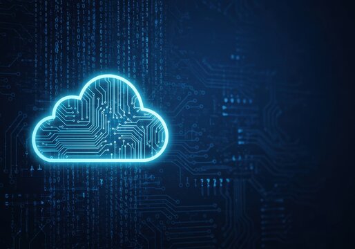 A glowing cloud shape filled with circuits represents cloud computing technology