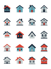 A set of minimalist house icons in flat design style, featuring various home shapes, roof types, and color combinations