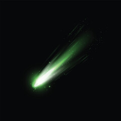 Falling asteroid or comet with fire tail. Realistic 3D vector illustration of high speed flying meteor in space with green light trail. Cosmic shooting meteorite in atmosphere. Astronomic burning rock