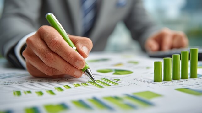 A business professional analyzing a report on green business strategies and sustainability practices.