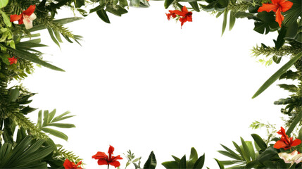 Fototapeta premium Exotic Floral Frame with Lush Greenery and Red Flowers on a Transparent Background