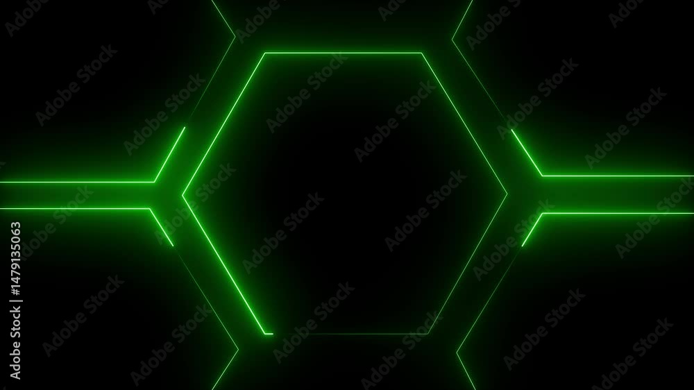 Poster glowing neon light hexagon frame animated on black background. seamless loop. 4k animation.