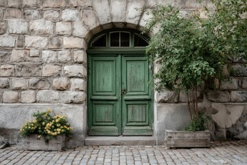 Rustic Green Doorway: Stone Wall, Plants, and Serene Atmosphere