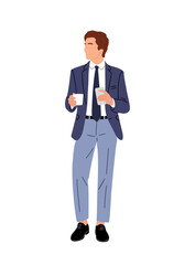 Business man in formal blue suit and tie standing full length, holding cup of coffee and smartphone. Handsome male character flat vector colorful illustration isolated on wtransparent background