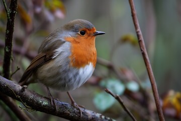 European Robin Perched on a Branch with Orange Breast
