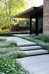 Modern House Entrance with Concrete Steps and White Flowers in Garden Landscape Design at Daytime