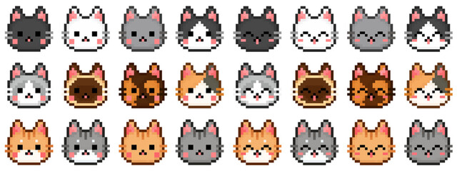 Cat face pixel art icon set. Kitty smiley logo collection in retro 8-bit game style. Cute various colors pixel kitten design for stickers, icons, poster