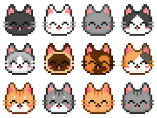 Cat smiley face pixel art icon set. Various colors kitty logo collection in retro 8-bit game style. Cute pixel kitten design for stickers, icons, poster
