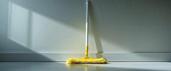 Yellow mop with a white handle is leaning on the floor