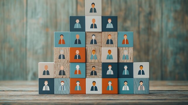 Stacked blocks form a pyramid, each showing a diverse person icon, symbolizing team