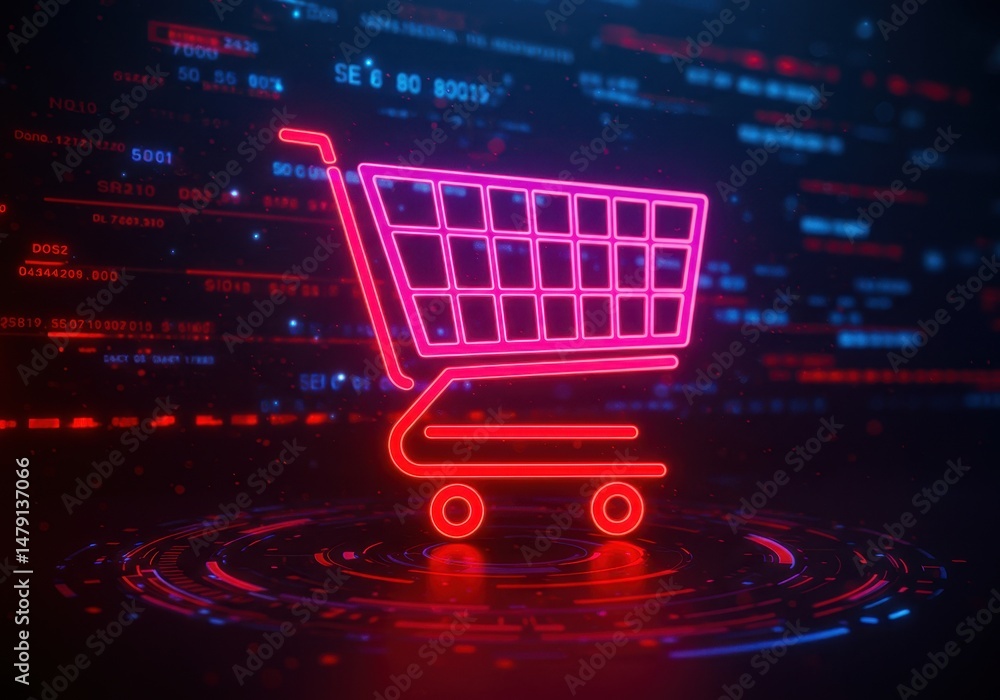 Poster a neon shopping cart glows against a digital background with abstract code and circles