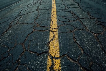 Cracked asphalt road surface with a yellow dividing line.