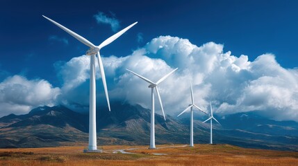 Wind turbines spin against a blue sky, generating clean energy and contributing to the world is sustainable energy future