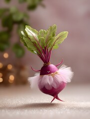 A whimsical radish character adorned with a tutu and a joyful expression, celebrating fun in the garden.