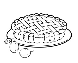 Autumn plum pie. Outline illustration, isolated on white background, design elements or page of children's coloring book