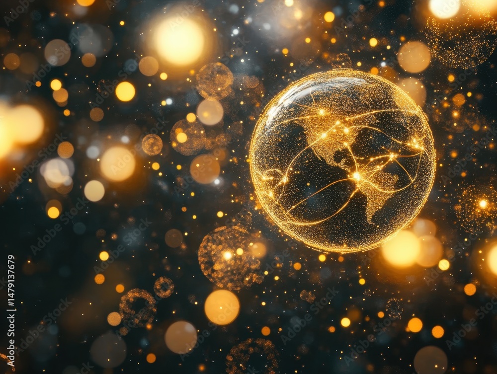 Poster golden world globe with network connections against a dark bokeh background digital art style for gl
