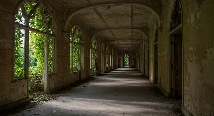Abandoned Hallway with Arched Windows