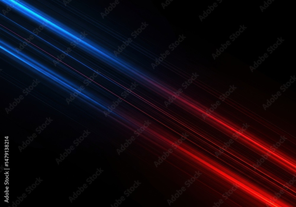 Poster diagonal light streaks create an abstract design with blue and red beams on dark background