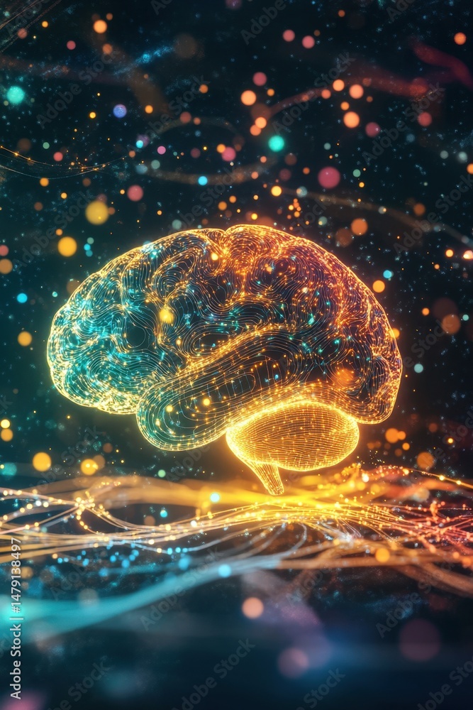 Poster glowing brain illustration with neural networks and abstract background for science and technology c