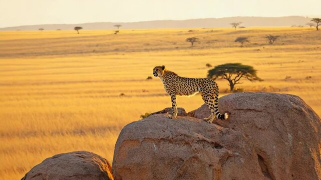 Aerial shot the leopard standing on the rock and looking around , savana background , 4K video.