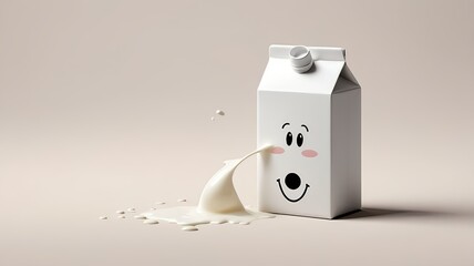 Milk Carton with Spilling Milk and Cartoon Face