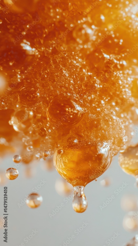 Poster close-up of honey dripping with bubbles and golden hue in studio shot with macro lens for detail and