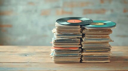 Stacked vinyl records and sleeves on a wooden table, brick wall backdrop, nostalgic aesthetic