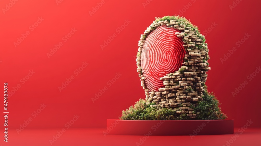 Poster modern artistic sculpture of a head with a fingerprint pattern made from layered bricks and moss on 