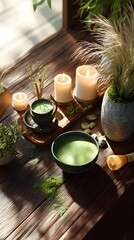 A serene setting featuring matcha, candles, and decorative plants, perfect for relaxation and mindfulness.