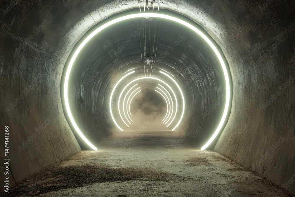 Poster illuminated tunnel with circular lights and floating dust in a dimly lit passageway, 3d tunnel with 