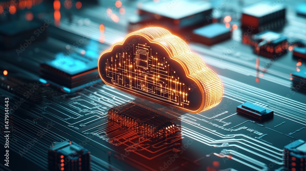 Poster futuristic digital cloud computing technology concept with glowing cloud icon over circuit board bac