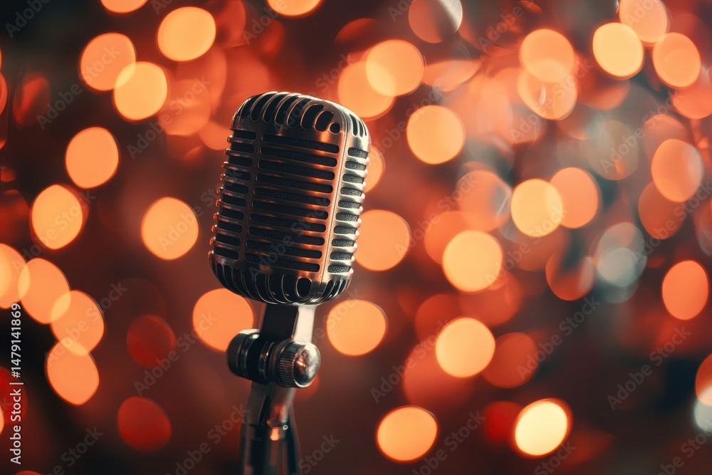 Poster vintage microphone on stage surrounded by warm bokeh lights creating an inviting atmosphere for perf