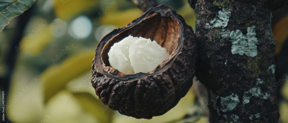 Poster close-up of a cacao pod on a tree branch showcasing the white pulp inside in a natural setting with 