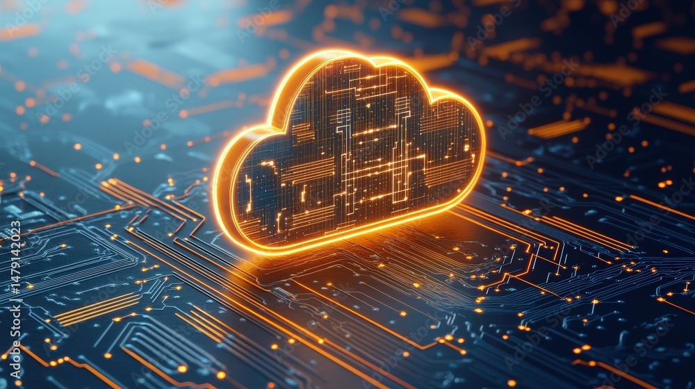 Poster high tech cloud computing concept with digital data cloud icon over circuit board background for clo