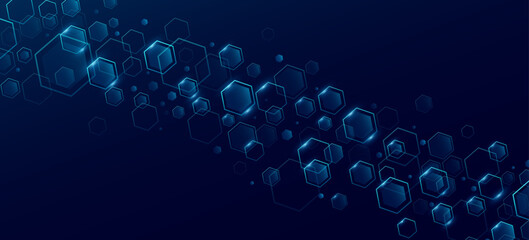Abstract blue hexagons with light effect for Business or Science background. Cyber honeycomb. Scientific research presentation backdrop for online webinar. Vector Illustration