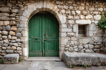 Fototapeta premium Rustic Green Door in Aged Stone Wall: A Mediterranean Architectural Scene