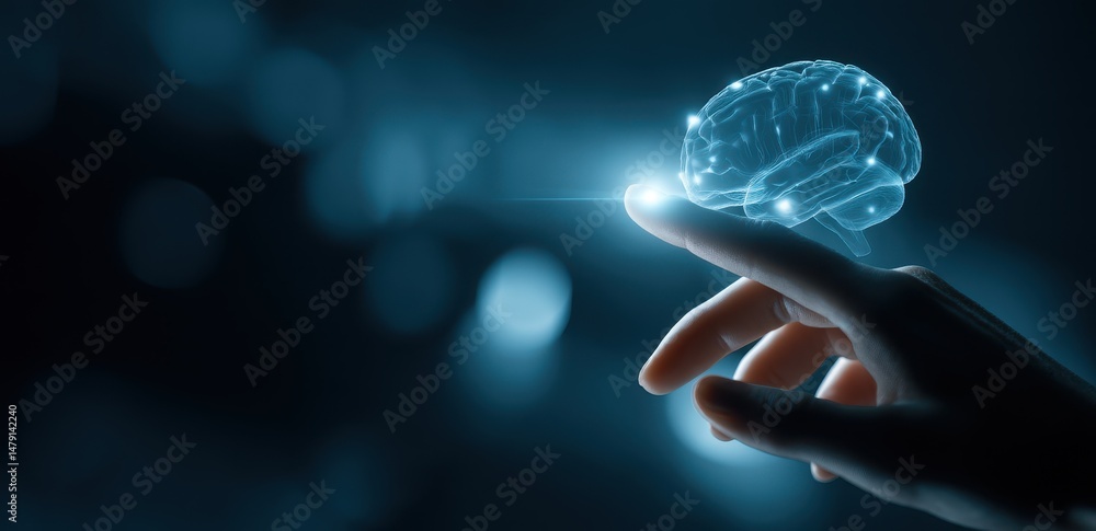 Poster digital brain over a hand, a futuristic concept.