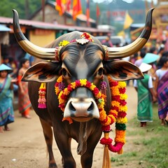 A beautifully decorated buffalo adorned with colorful fabrics and ornaments, ready for a traditional festival celebration, showcasing cultural heritage and festive spirit.